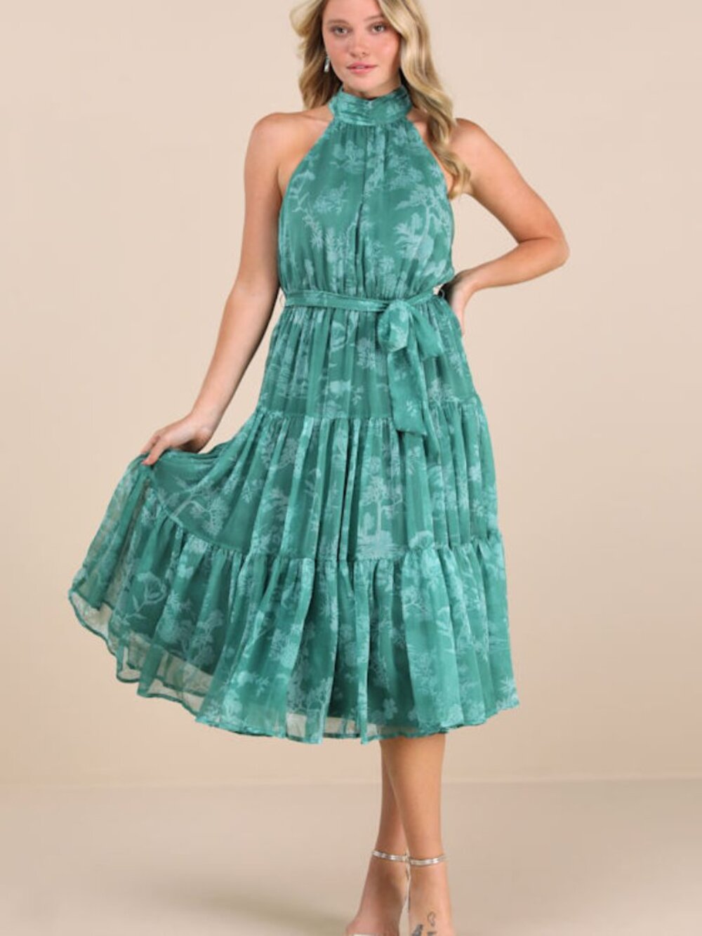 Lulus Float To You Green Floral Print Halter Tiered Midi Dress - Size S